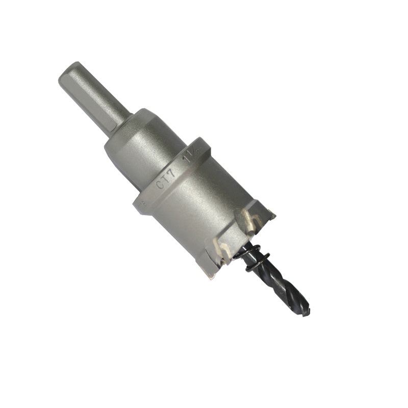 CT7 hole cutter mounted in power drill making burr-free round hole in stainless steel