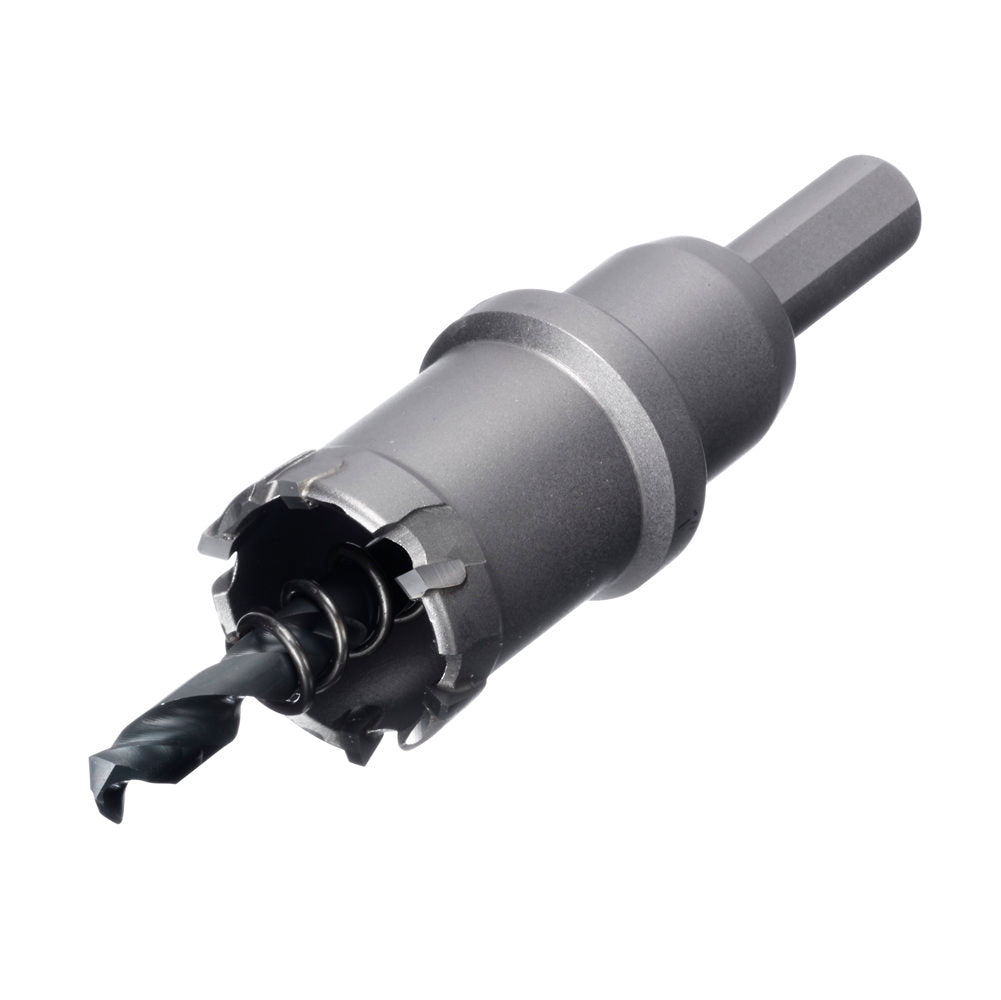 Close-up of Champion CT7 hole cutter tungsten carbide teeth and spring loaded pilot drill