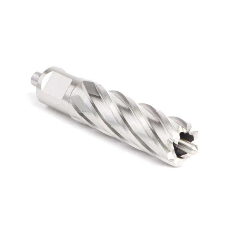 Close-up of CS200 annular cutter with pilot pin mounted in magnetic drill arbor