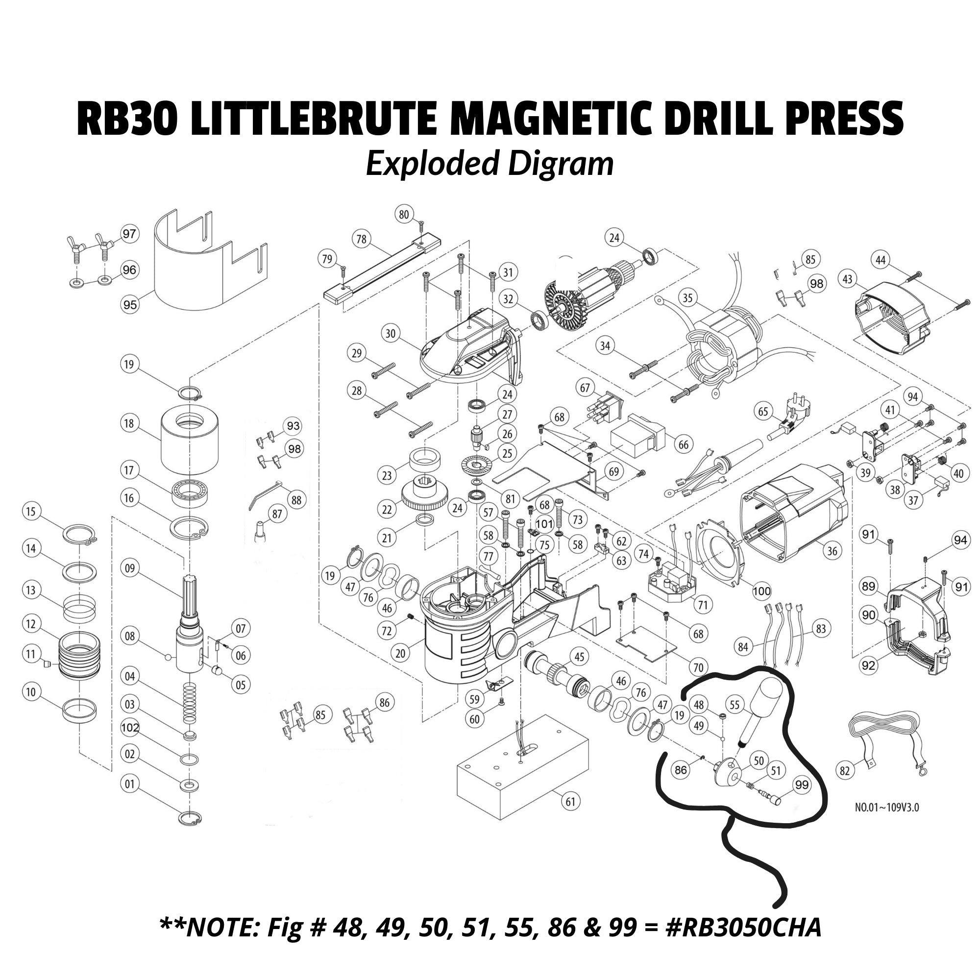RB30 exploded diagram showing magnetic drill press components