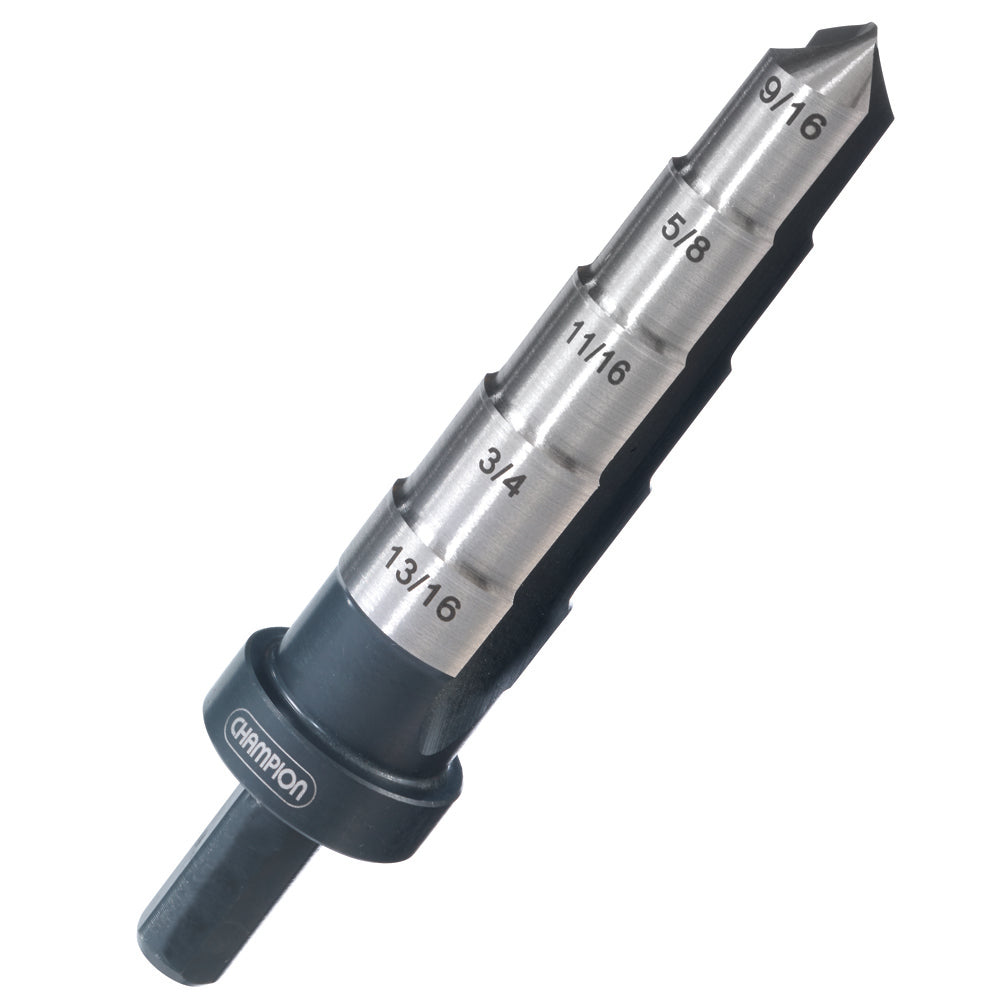 Close-up of Champion XSR step reamer 2-flute design with safety collar