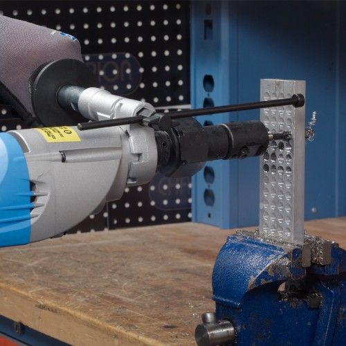 Close-up of XLT Power Tapper pivoting tap collet aligning standard square-shank tap