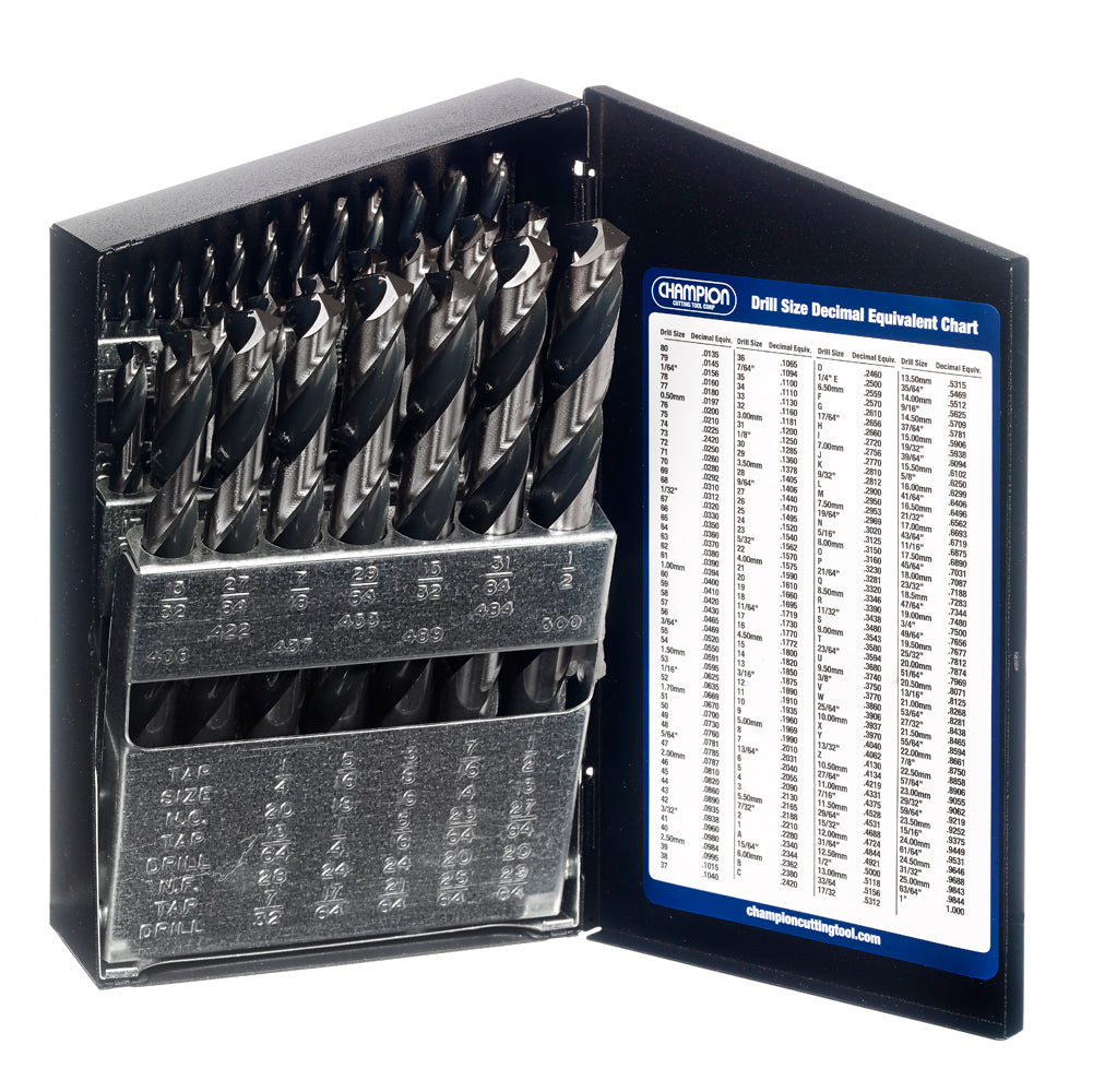 Champion 129-XL28 Brute XL28 Mechanics Drill Set – 1/16"–1/2" x 64ths — NoMo-treated HSS mechanics drills in metal case