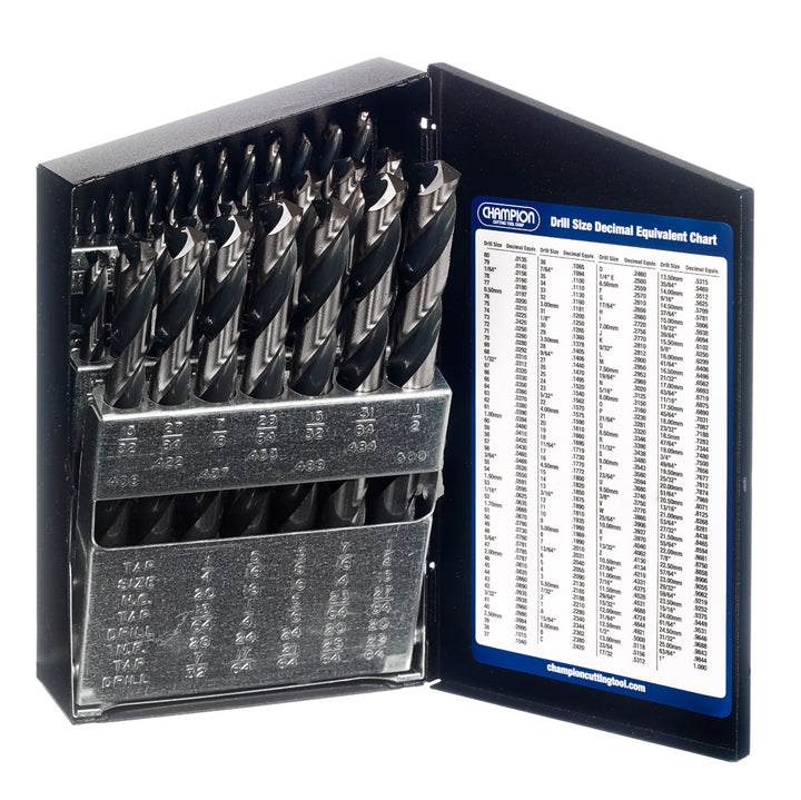 Champion 129-XL28 Brute XL28 Mechanics Drill Set – 1/16"–1/2" x 64ths — NoMo-treated HSS mechanics drills in metal case