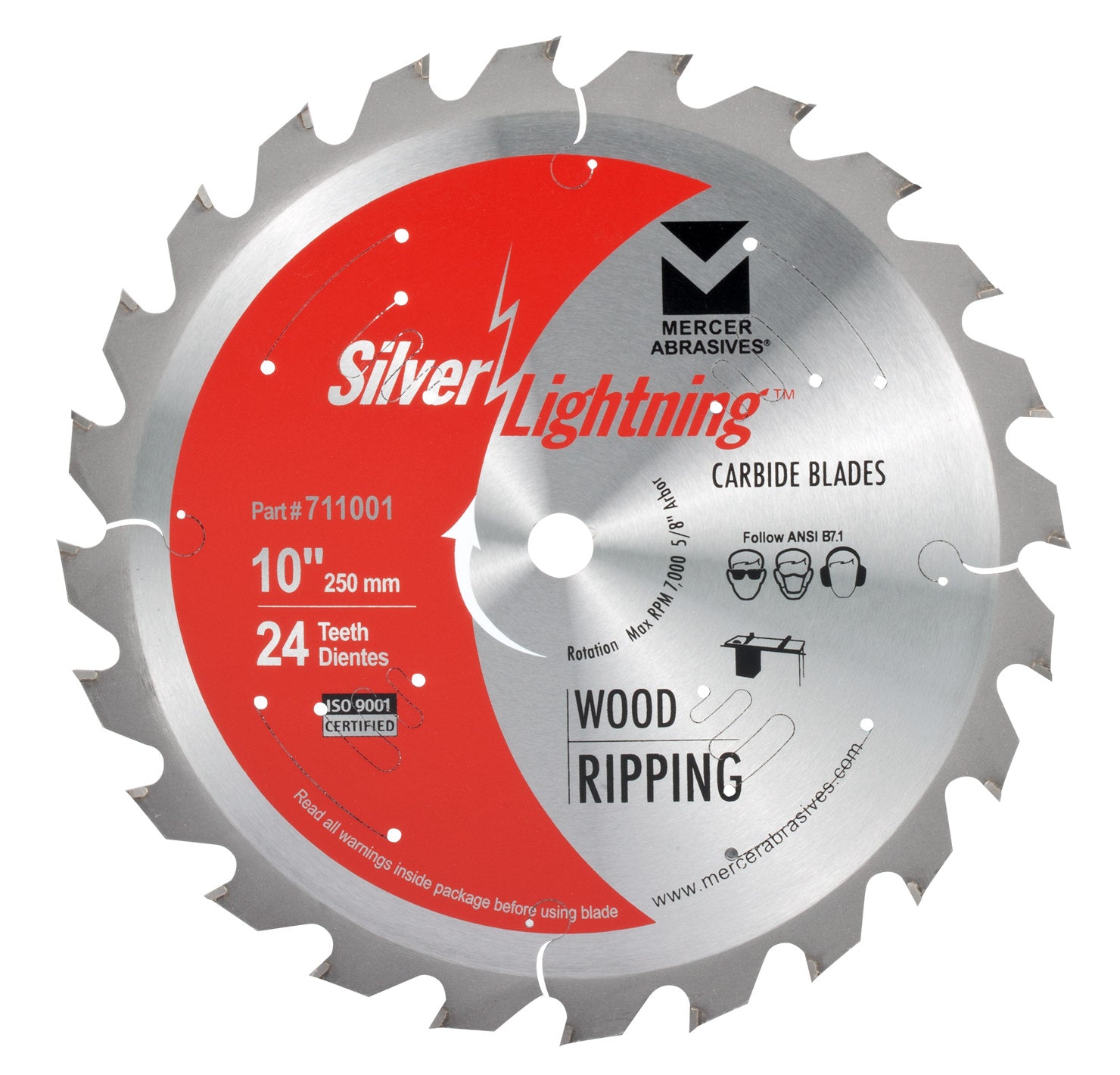 Mercer Abrasives 711001 10 in 24-Tooth ATB Carbide Ripping Circular Saw Blade for Wood
