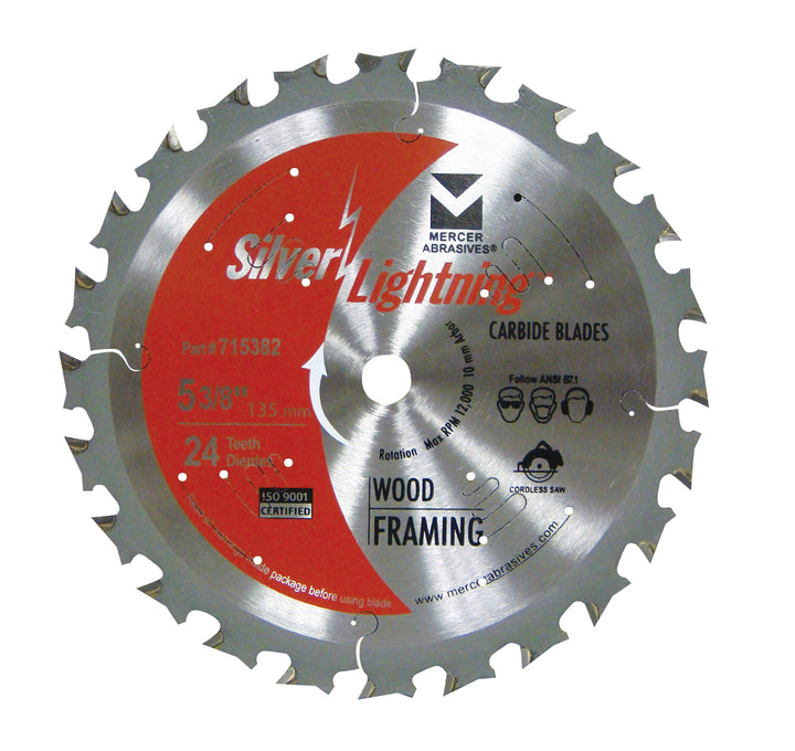 Mercer Abrasives 715382 5-3/8 in 24-Tooth ATB Carbide Framing Circular Saw Blade for Wood