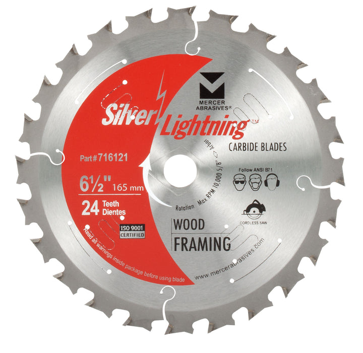 Mercer Abrasives 716121 6-1/2 in 24-Tooth ATB Carbide Framing Circular Saw Blade for Wood