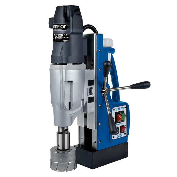 Champion AC120 SuperBrute Extra-Large-Capacity Magnetic Drill Press, 4-3/4" x 4" — Champion AC120 SuperBrute magnetic drill press cutting 4-3/4 inch diameter hole through structural steel plate