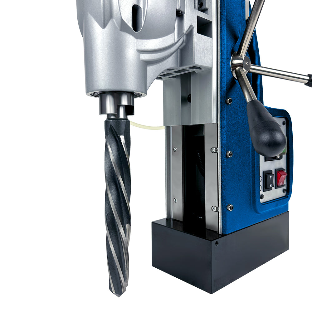 Champion AC120 SuperBrute mag drill kit showing carrying case, safety strap, chip guard and accessories