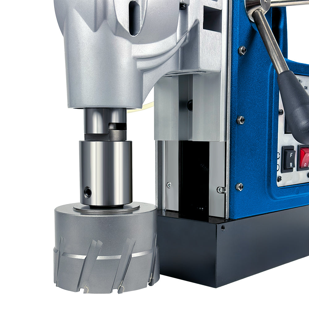 Close-up of Champion AC120 1700W motor and dual arbor system on fabrication floor