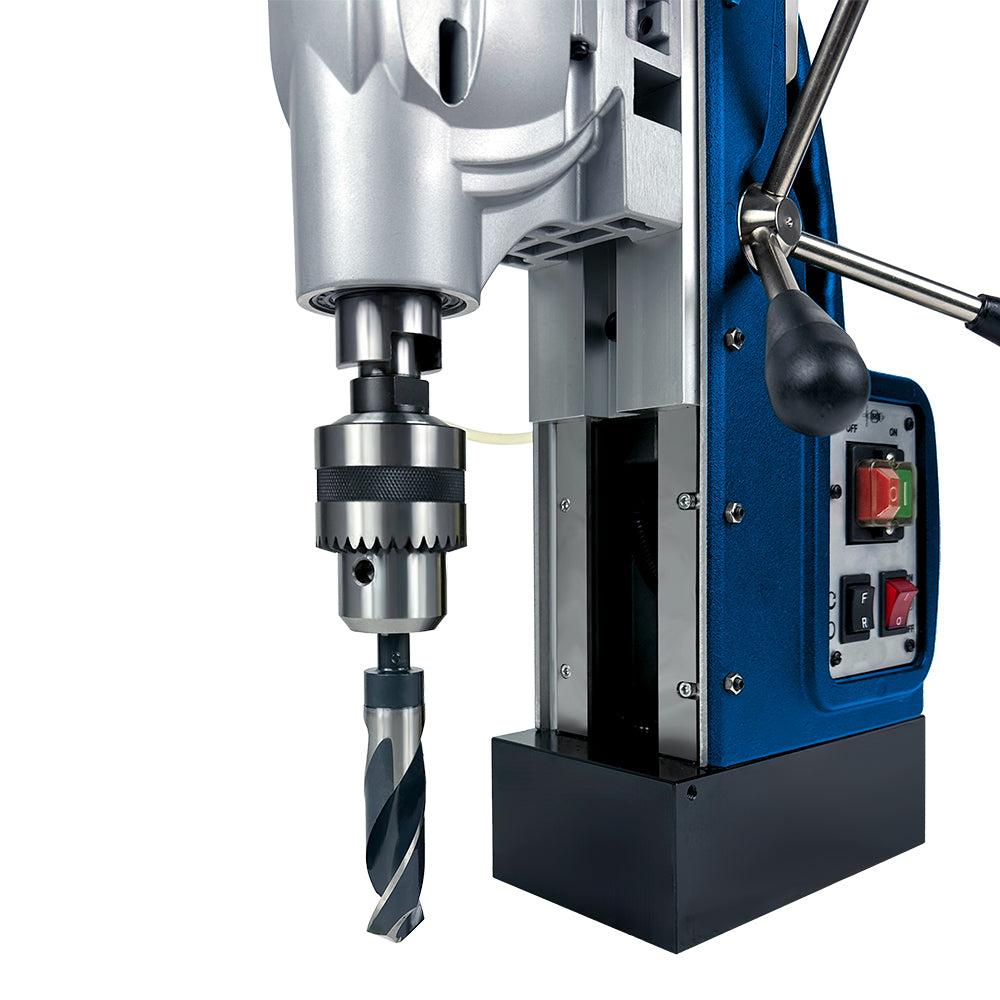 Large-capacity SuperBrute AC120 magnetic drill press in shop environment for heavy-duty steel fabrication
