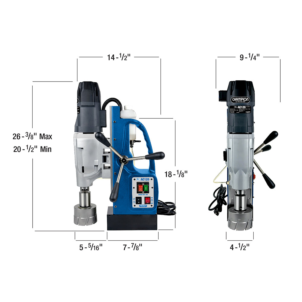 AC120 SuperBrute mag drill with 7200 lb magnet mounted on large I-beam for overhead drilling