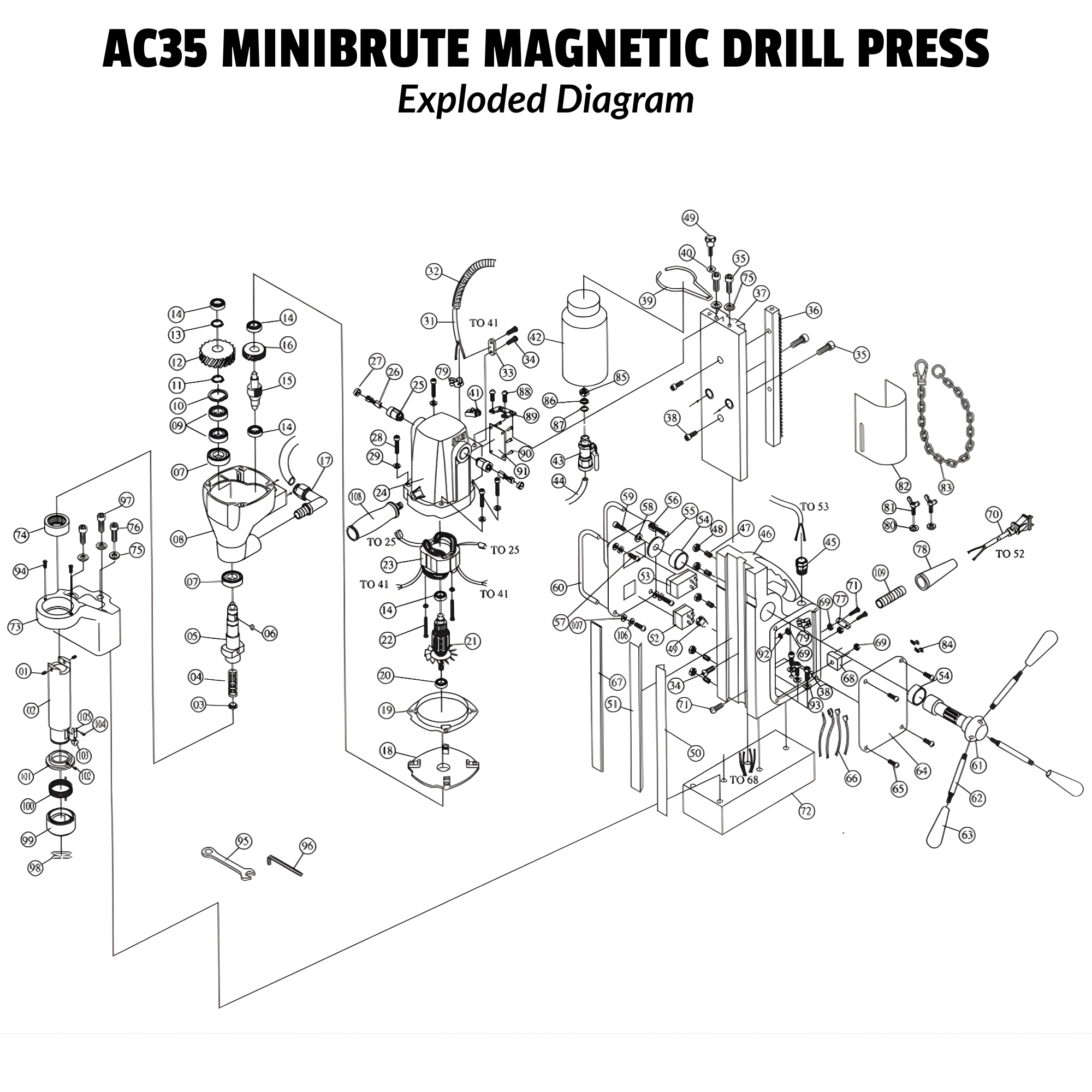 Champion AC35 magnetic drill press exploded diagram with all parts
