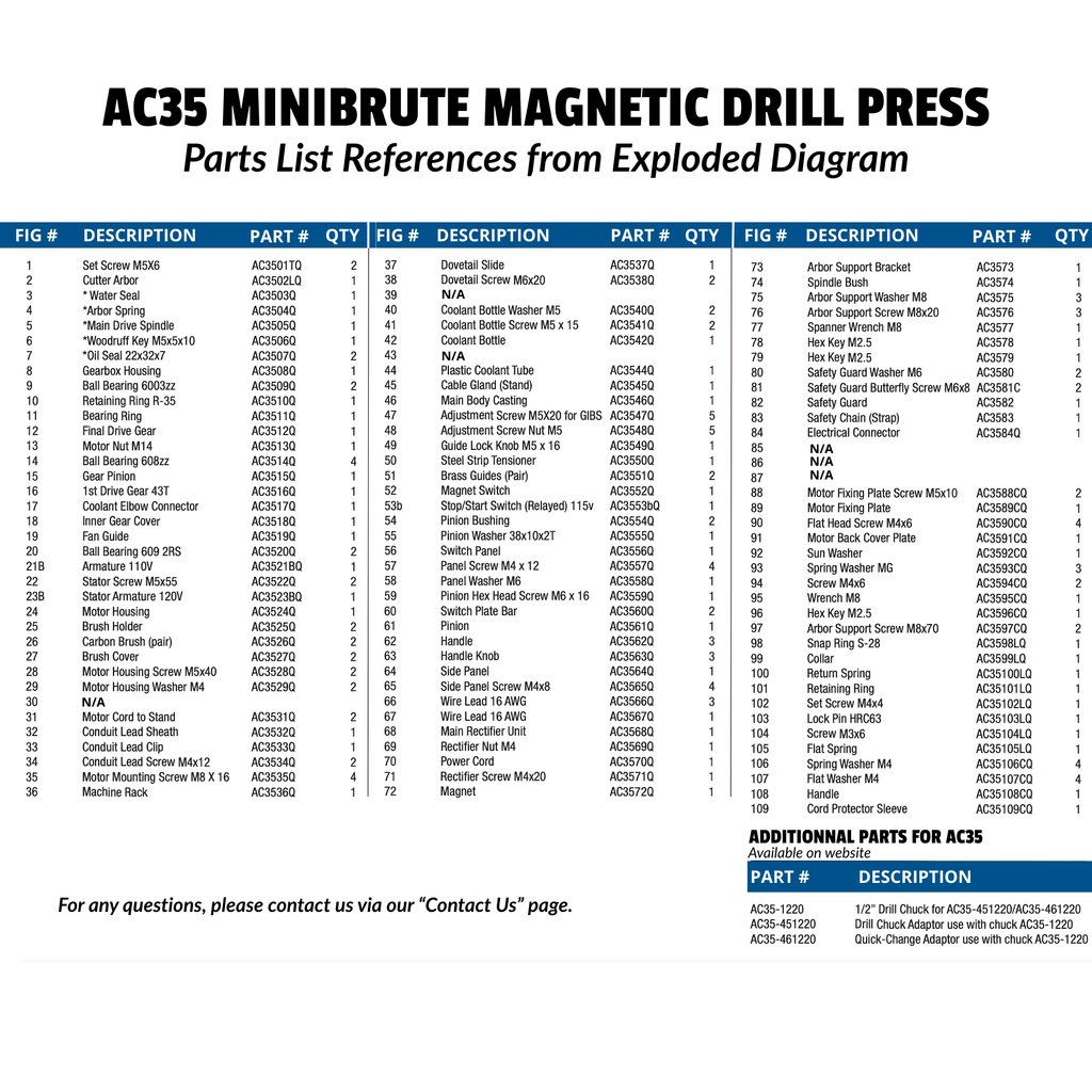 Ac35 All Replacement Parts for AC35 Magnetic Drill Presses