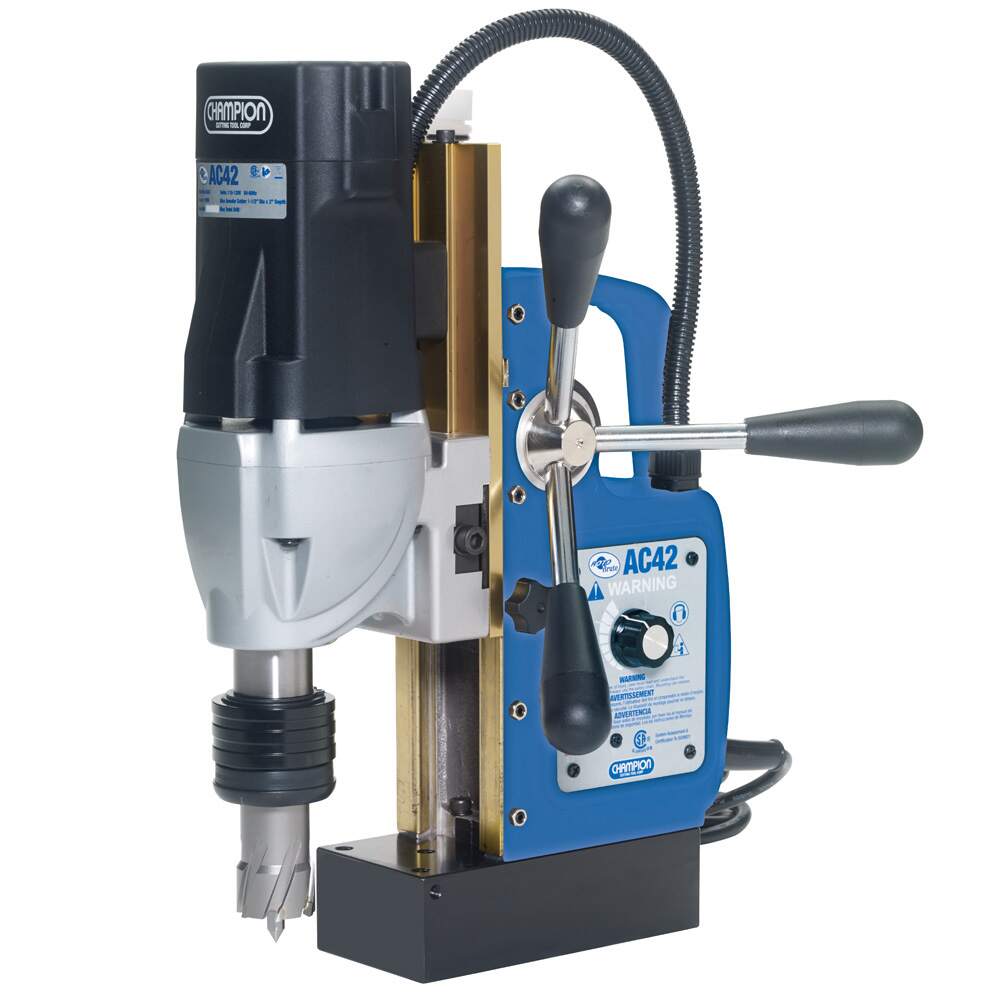 Champion AC42 VariBrute magnetic drill press cutting 1-1/2 inch annular hole in structural steel”
