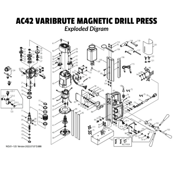 Champion AC42 AC3581CQ Replacement Part – Butterfly screw — Exploded diagram of Champion AC42 magnetic drill press components