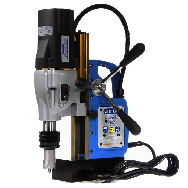 Champion AC50 MightiBrute Magnetic Drill Press, 2-1/8" x 2" — Champion AC50 AC50141 Replacement Part – Fan shroud — Champion AC50 MightiBrute magnetic drill press cutting 2-1/8 inch hole in structural steel