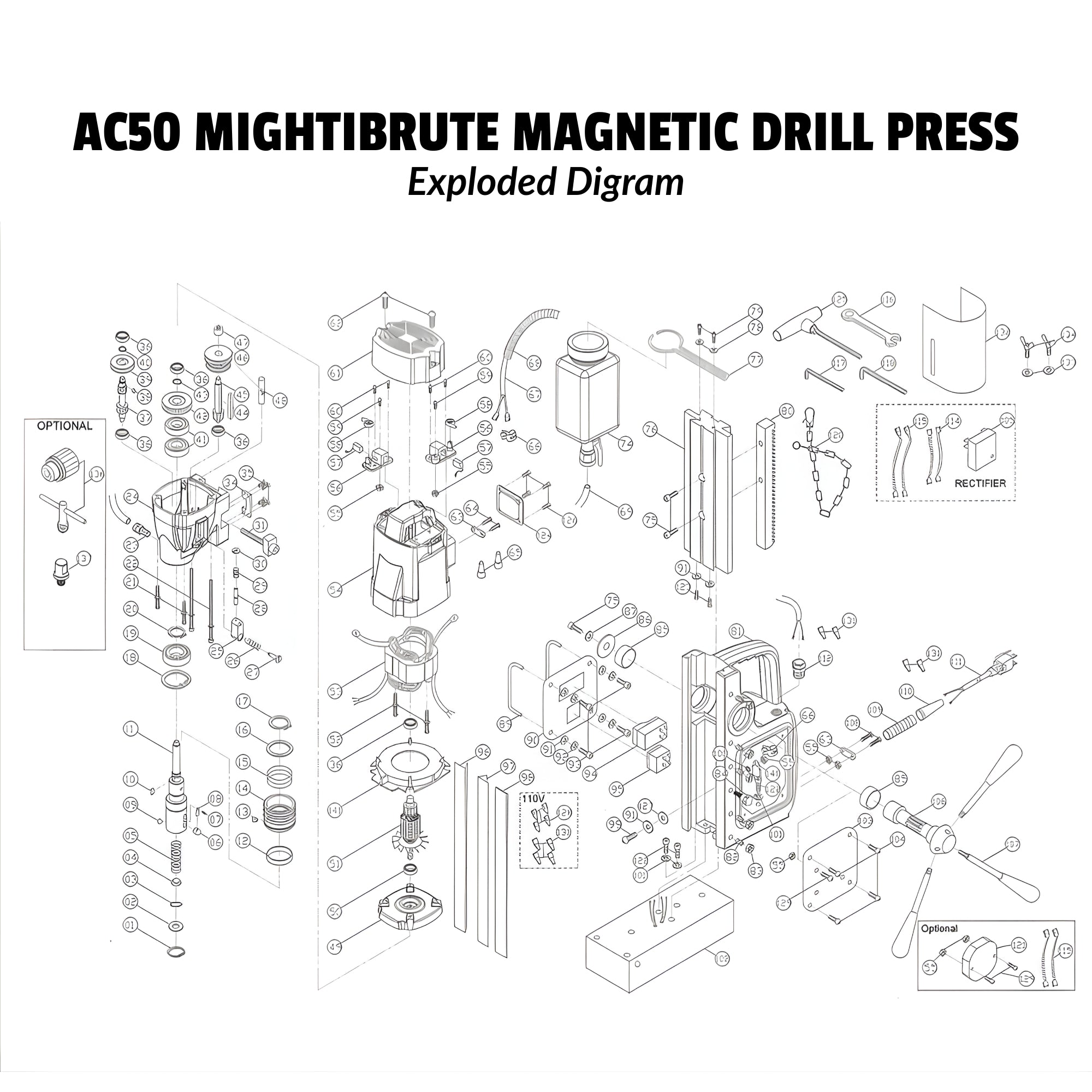 Exploded diagram of Champion AC50 mag drill components