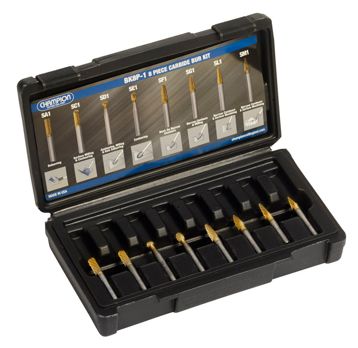 Champion BK8P-1 8-Piece TiN-Coated Double-Cut Carbide Bur Set — Champion BK8P-1 high performance 8-piece carbide bur kit for metal deburring