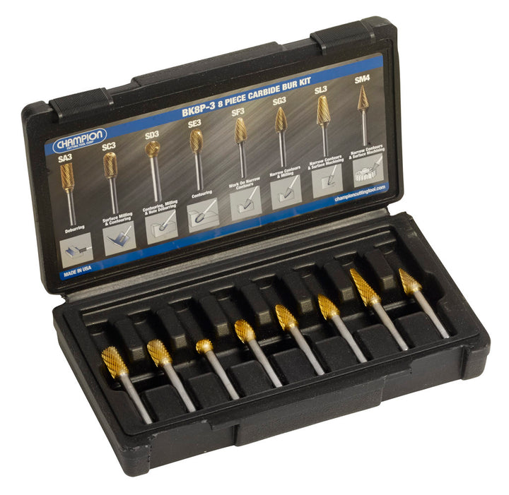 Champion BK8P-3 8-Piece TiN-Coated Double-Cut Carbide Bur Set — Champion BK8P-3 high performance 3/8 inch carbide bur kit for metal removal