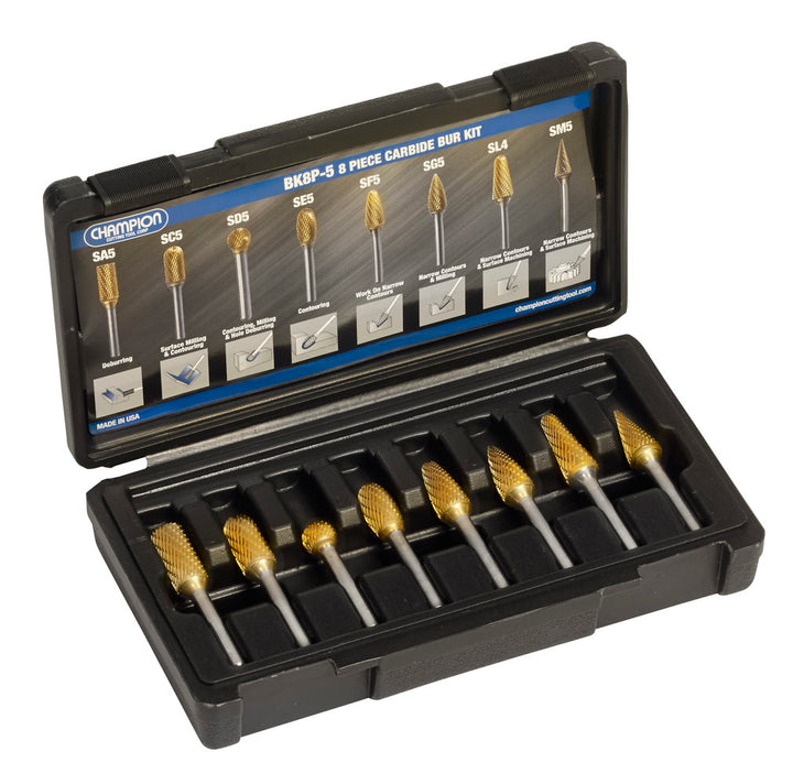Champion BK8P-5 8-Piece TiN-Coated Double-Cut Carbide Bur Set — Champion BK8P-5 high performance 1/2 inch carbide bur kit for heavy metal removal