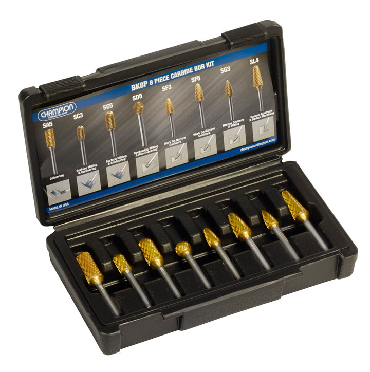 Champion BK8P 8-Piece TiN-Coated Double-Cut Carbide Bur Set — Champion BK8P high-performance carbide bur kit with assorted shapes