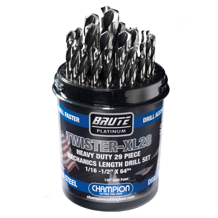 Champion TWISTER-XL28 29-Piece HSS Drill Bit Set, 1/16"–1/2" x 64ths — TWISTER-XL28 Brute Drill Set 29-Piece Mechanics Length HSS