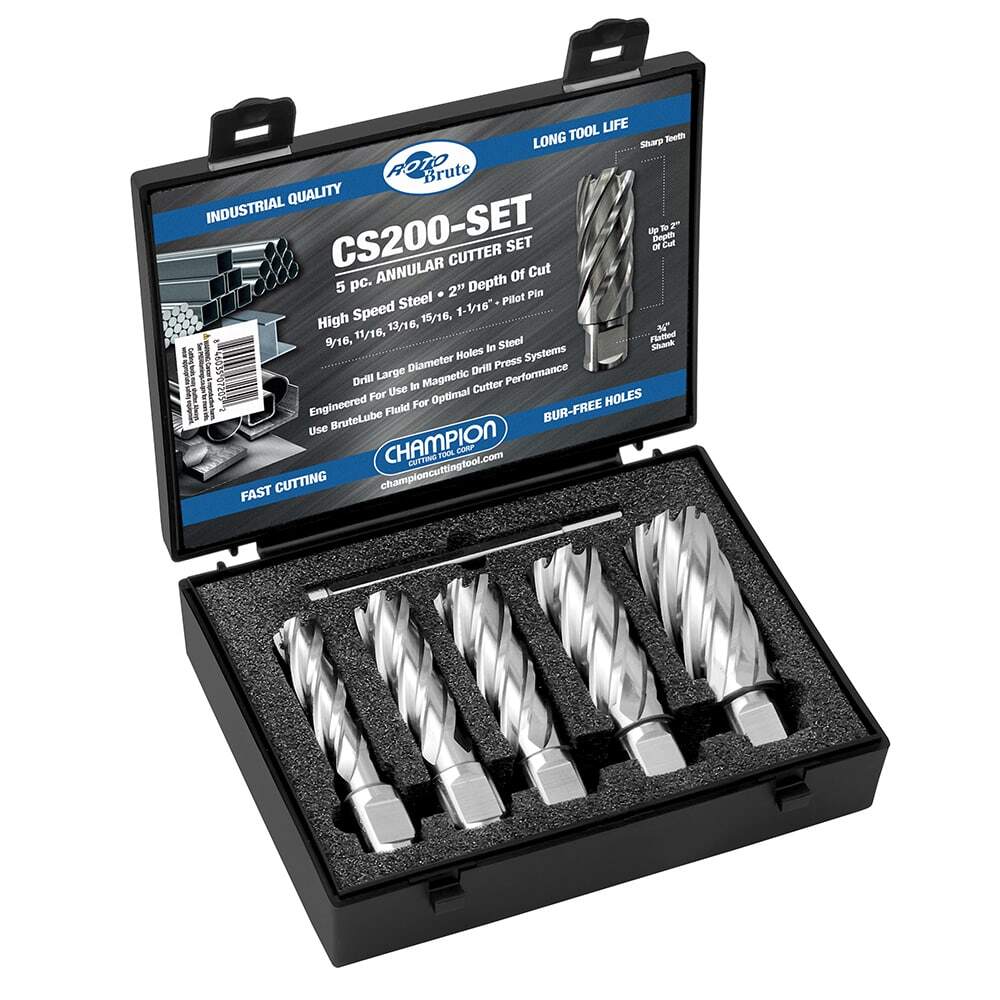 Set of CS200 HSS annular cutters showing diameters from 7/16″ to 2″ with pilot pins