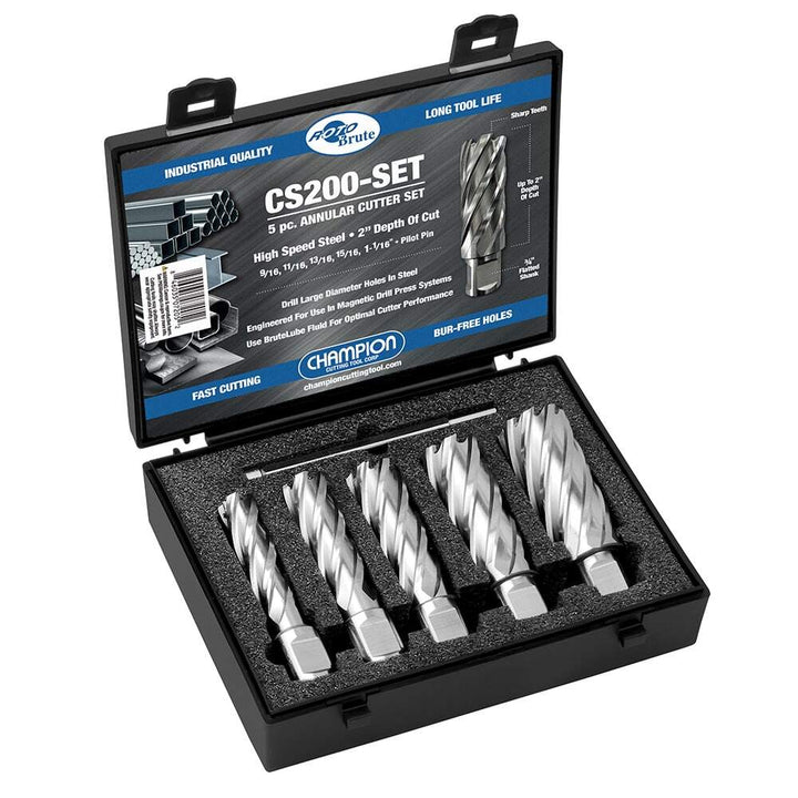 Champion CS200-SET 5-Piece 2" Bright-Finish HSS Annular Cutter Set — Champion CS200-SET HSS annular cutter set with 2 inch cutting depth for magnetic drills