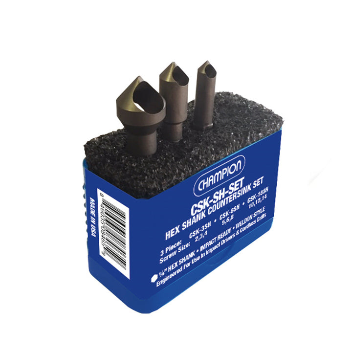 Champion CSK-SH-SET 3-Piece 82° Hex-Shank Countersink Set — Champion CSK-SH-SET hex shank zero flute countersink set in storage case
