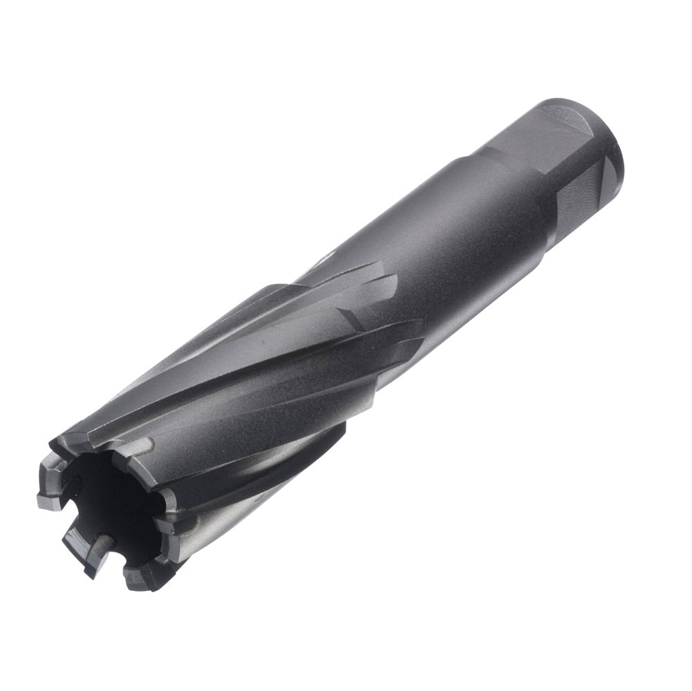 Triple-edge carbide annular cutter drilling thick structural steel with mag drill