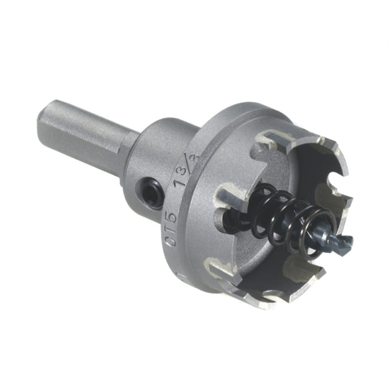 Electrician using CT5 cutter for conduit hole in metal panel