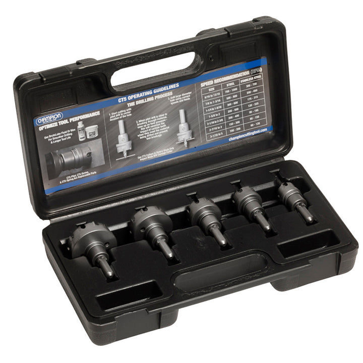 Champion CT5P-SET-1 5-Piece Carbide-Tipped Hole Cutter Set, 3/16" Depth — Champion CT5P-SET-1 carbide-tipped hole cutter set for professional metal drilling