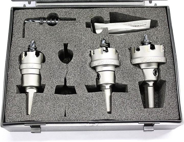 Champion CT5P-SET-A 3-Piece Carbide-Tipped Hole Cutter Set, 3/16" Depth — Champion CT5P-SET-A carbide-tipped hole cutter set for metal drilling