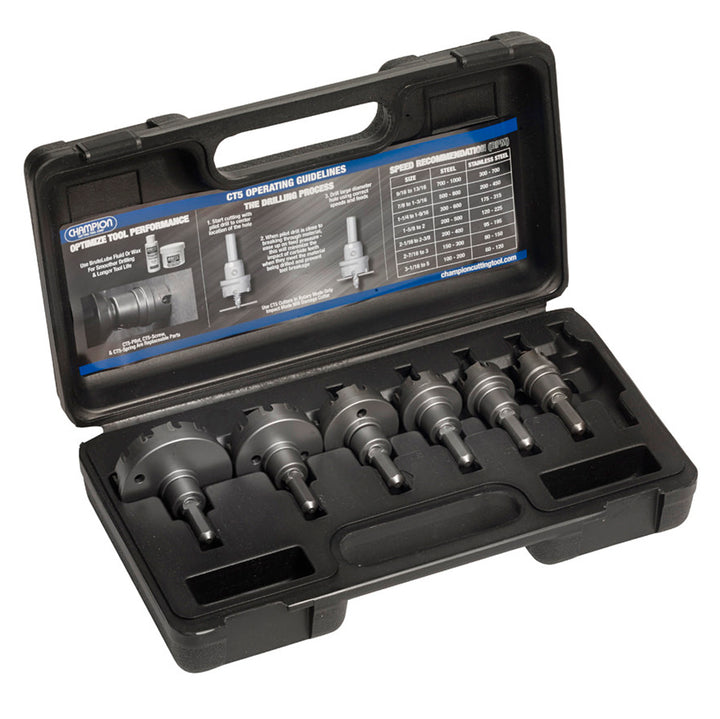 Champion CT5P-SET-B 6-Piece Carbide-Tipped Hole Cutter Set, 3/16" Depth — Champion CT5P-SET-B carbide-tipped hole cutter set for professional metal drilling