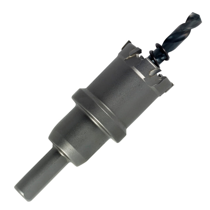 Champion CT7CO-PILOT Cobalt Pilot Drill for CT7 Hole Cutter — Champion CT7 carbide tipped hole cutter drilling 1 inch depth hole in structural steel plate