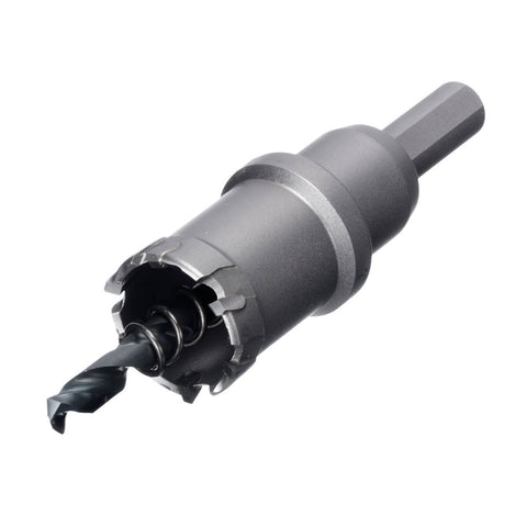 Close-up of Champion CT7 hole cutter tungsten carbide teeth and spring loaded pilot drill