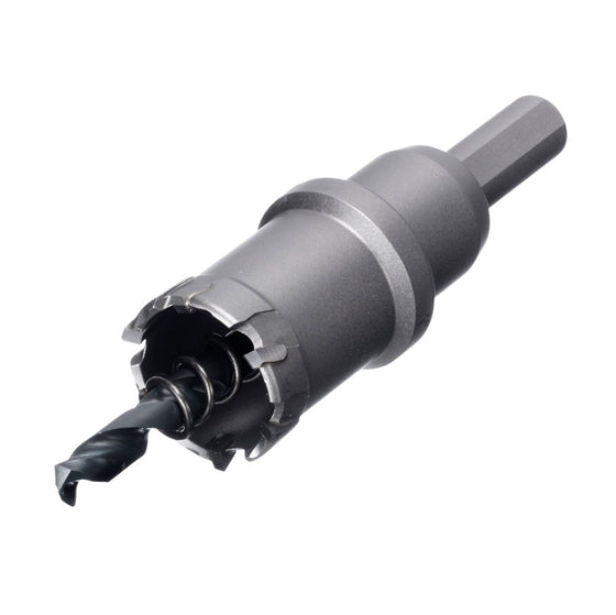 Close-up of Champion CT7 hole cutter tungsten carbide teeth and spring loaded pilot drill