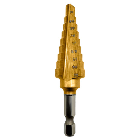 Close-up of Champion MSD-HEX step drill showing TiN coated steps