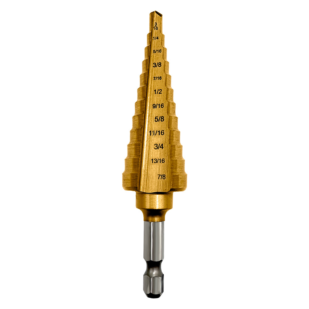 Hex shank step drill bit drilling clean hole in sheet metal panel