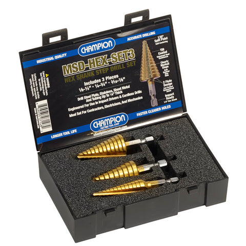 Champion MSD-HEX-SET3 hex shank step drill set with TiN coating for sheet metal drilling