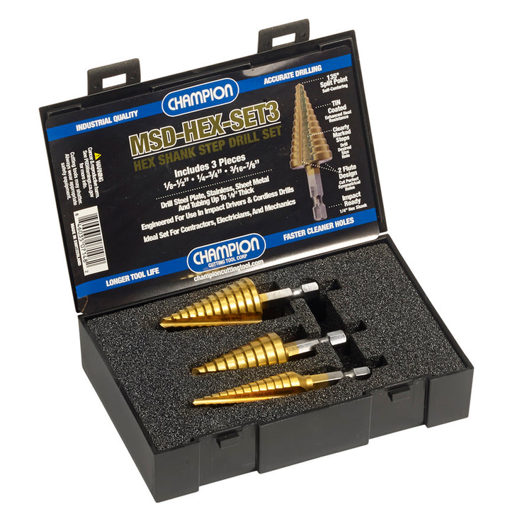 Champion MSD-HEX-SET3 3-Piece Hex-Shank Step Drill Set — Champion MSD-HEX-SET3 hex shank step drill set with TiN coating for sheet metal drilling