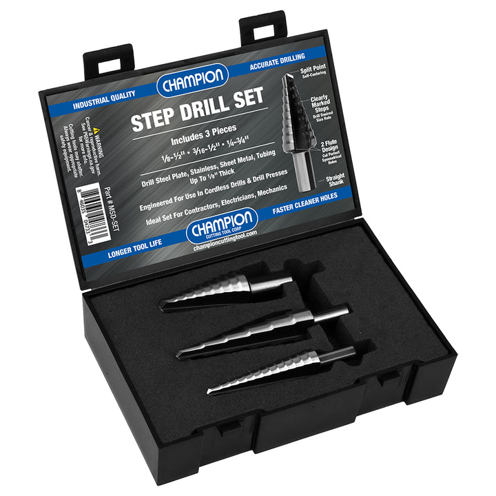 Champion MSD-SET 3-Piece Straight-Shank Step Drill Set — Champion MSD-SET straight shank step drill set with TiN coating for sheet metal