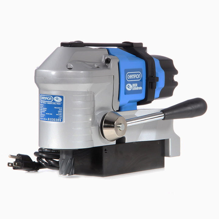 Champion RB30 LittleBrute Low-Profile Magnetic Drill Press, 1-3/8" x 1-3/16" — Champion RB30 RB30101 Replacement Part – ground label — Champion RB30 LittleBrute mag drill press performing 1-3/8 inch annular cut in steel beam