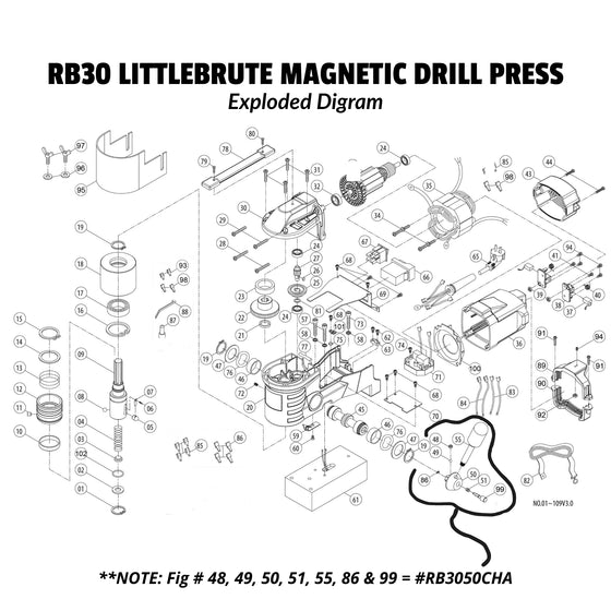 Champion RB30 RB30101 Replacement Part – ground label — RB30 exploded diagram showing magnetic drill press components