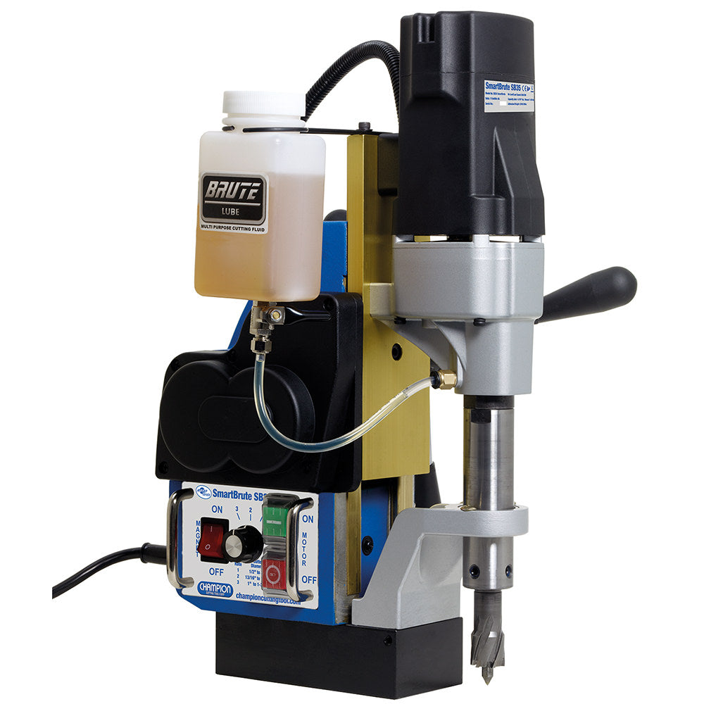 Champion SB35 SmartBrute semi-automatic magnetic drill press performing auto-feed hole on structural steel beam