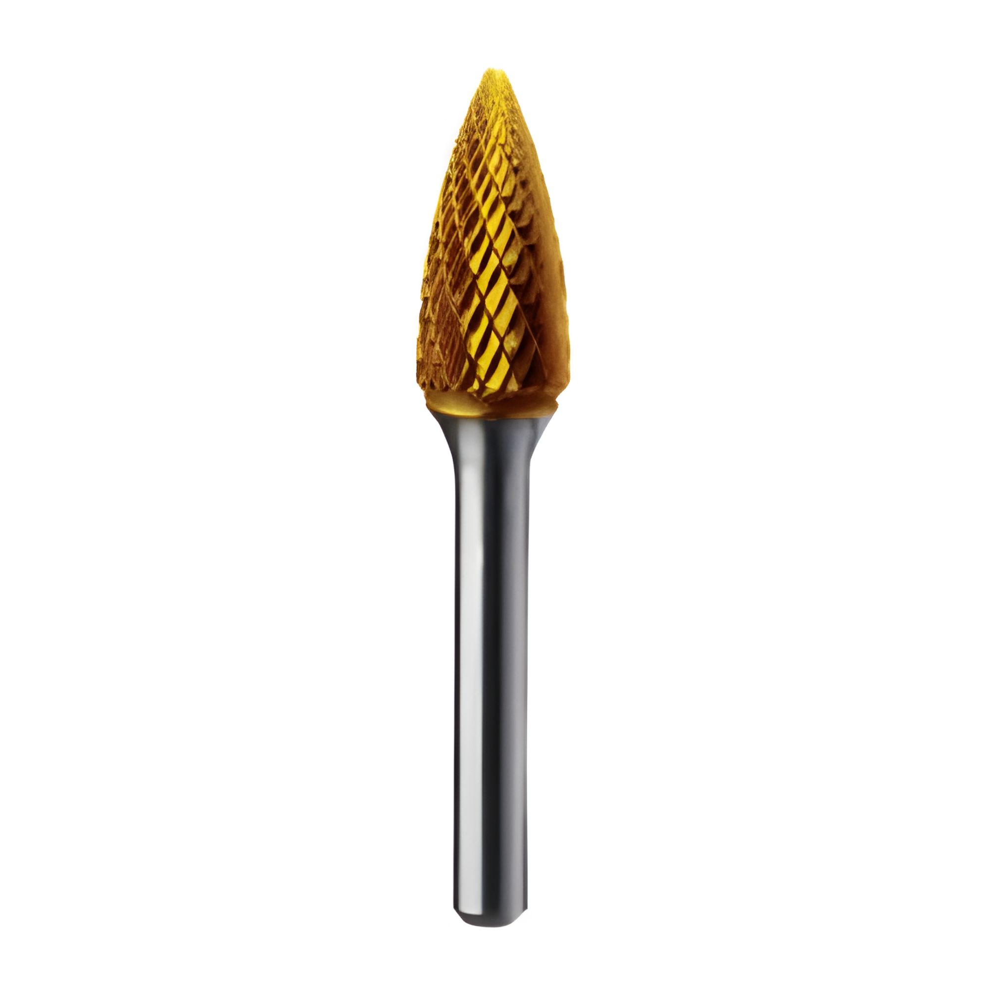 Pointed tree carbide bur accessing tight metal corners