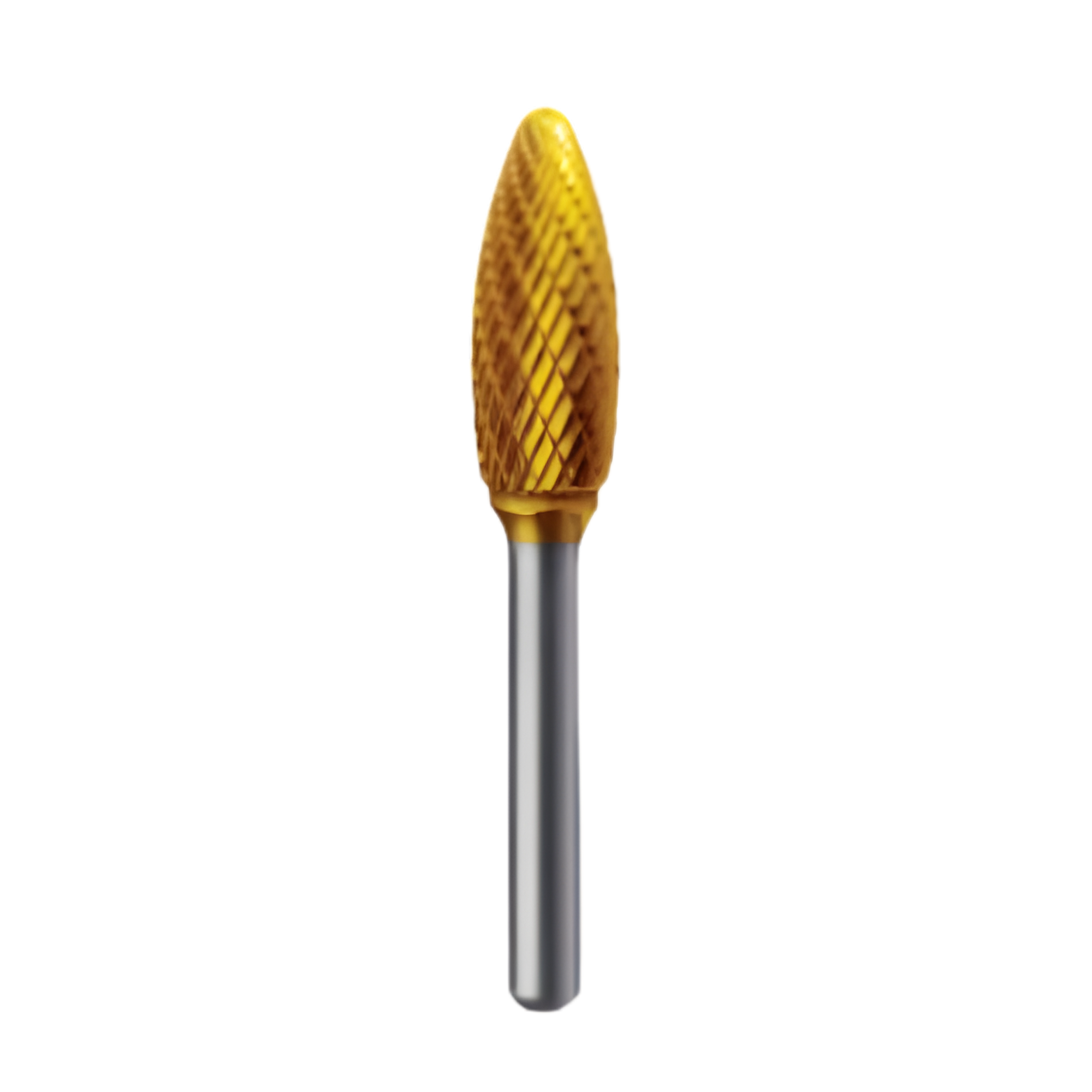 Flame shape carbide bur blending welds on steel