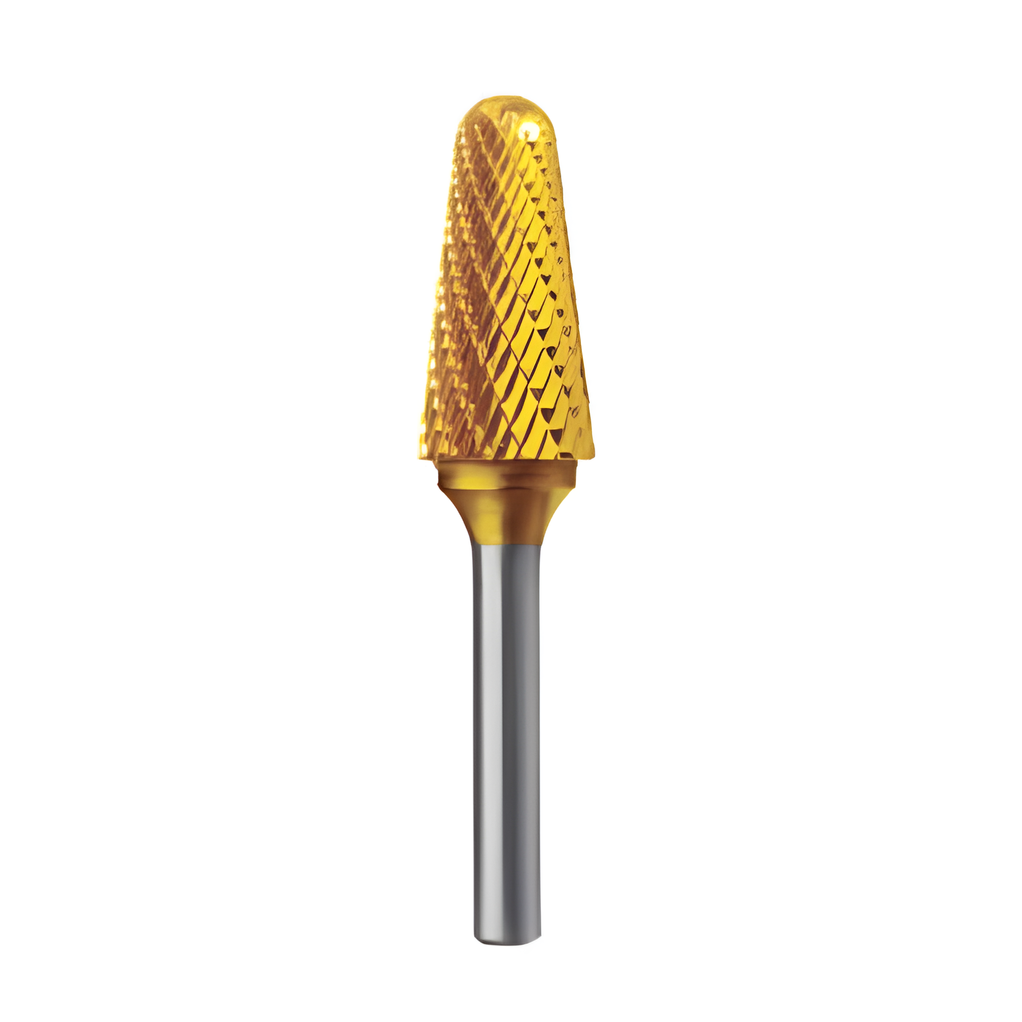Tapered radius end carbide bur blending metal surfaces smoothly