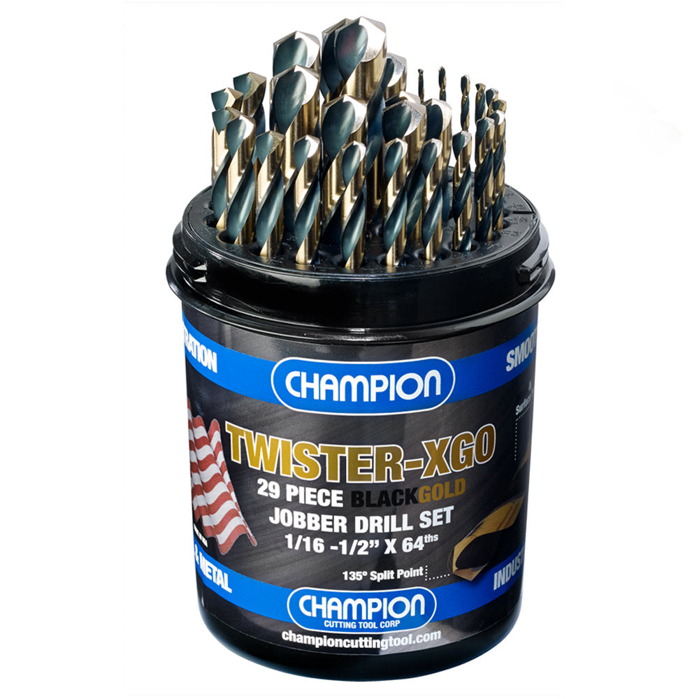 Champion TWISTER-XG38 Black & Gold 3/8" Reduced Shank Drill Set – 29-Piece 1/16"–1/2" x 64ths — Champion TWISTER-XG38 HSS drills